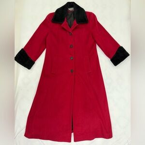 🏆VTG Portrait‎ Wool Coat Womens 8 Red Made In USA Long Jacket Holiday Faux Fur